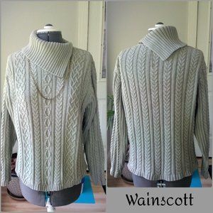 Wainscott Cabled Cotton Sweater w/Asymmetrical Collar